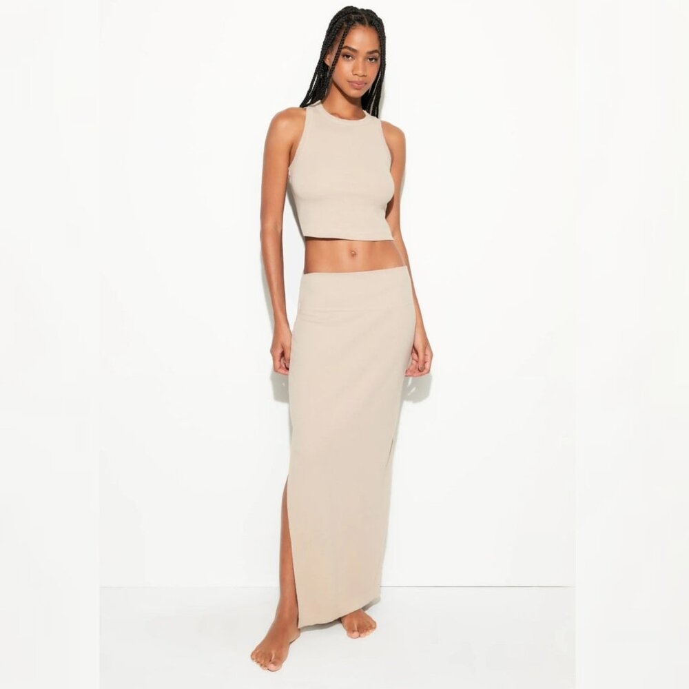 New Spiritual Gangster - L Raquel‎ Rib Maxi Slit Skirt Tan/Palo Santo $128 - Picture 2 of 6